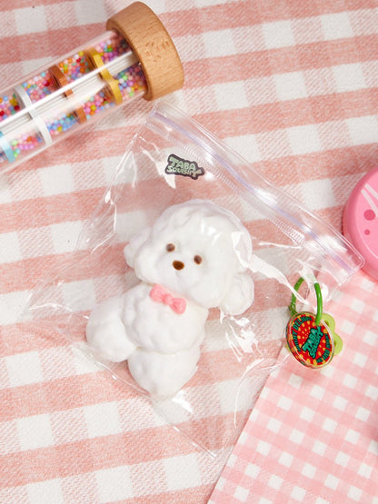 Flocked White Teddy Dog with Pink Bow Taba Squishy