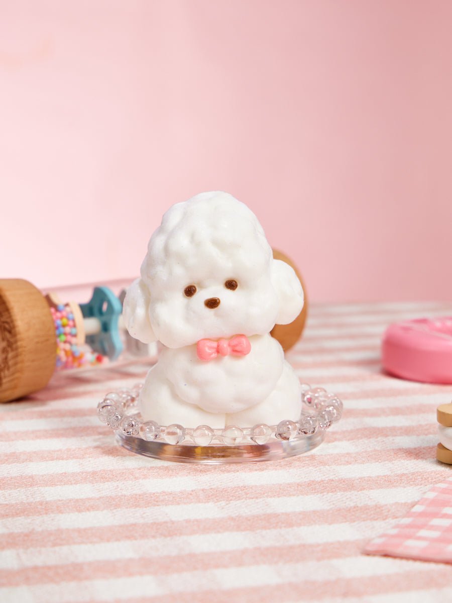 Flocked White Teddy Dog with Pink Bow Taba Squishy