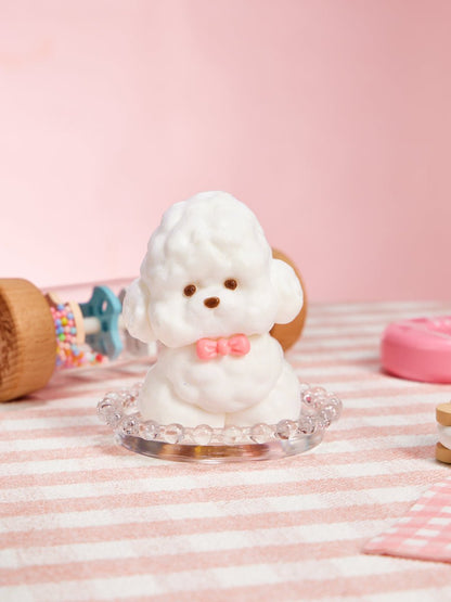 Flocked White Teddy Dog with Pink Bow Taba Squishy