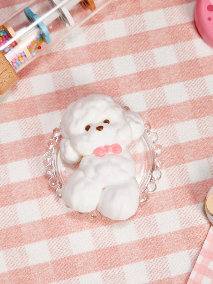 Flocked White Teddy Dog with Pink Bow Taba Squishy