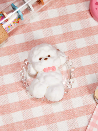Flocked White Teddy Dog with Pink Bow Taba Squishy