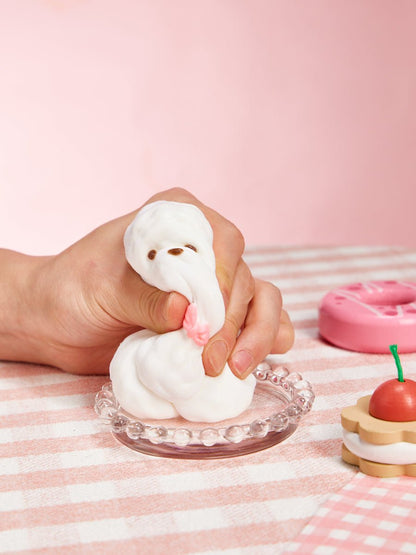 Flocked White Teddy Dog with Pink Bow Taba Squishy
