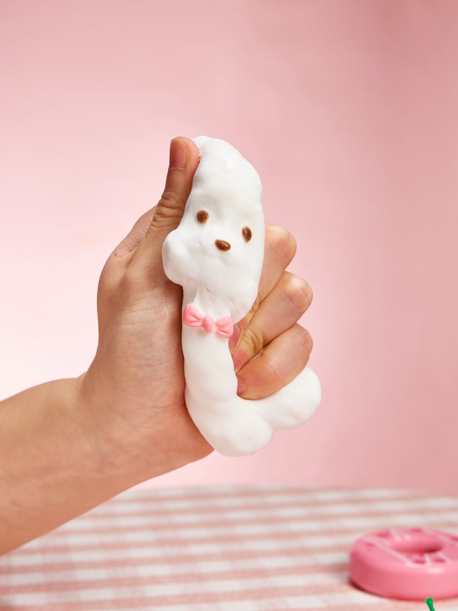 Flocked White Teddy Dog with Pink Bow Taba Squishy