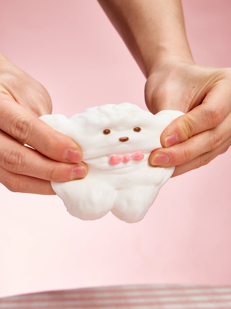 Flocked White Teddy Dog with Pink Bow Taba Squishy